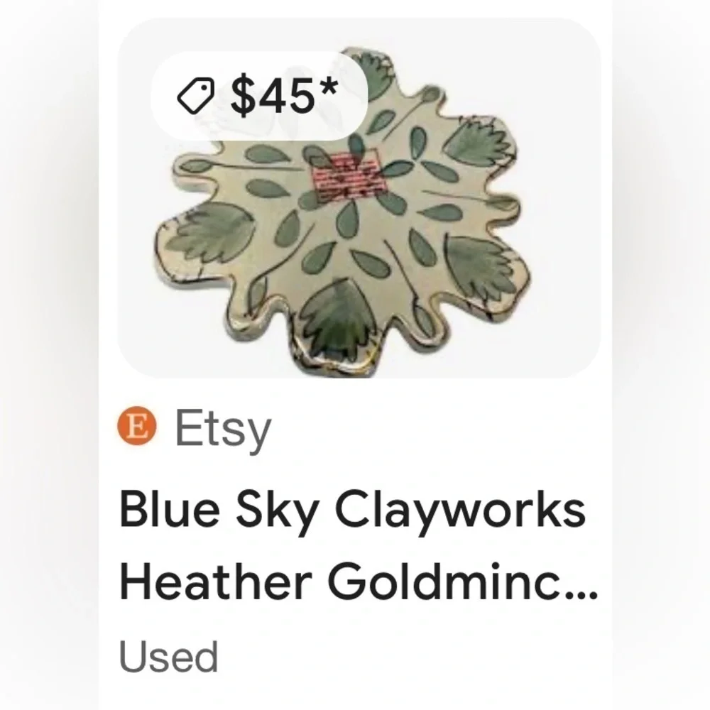 Snowflake 7” Blue Sky Clayworks Trivet/Tea Light Candle Green/Gold EUC